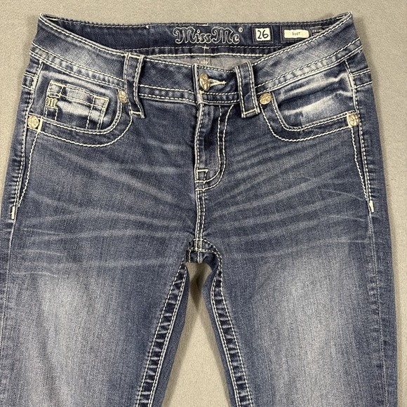Miss Me Boot WOMENS 26 JEANS THICK STITCH RHINESTONE WHISKERING - Picture 5 of 9
